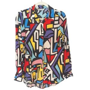 BIG DART Geometric Abstract‎ Print Button Up Shirt Top Blouse Women's UK 12